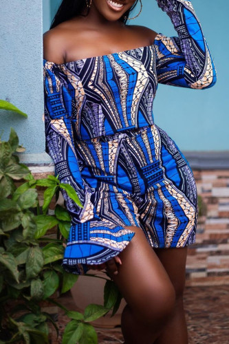 Blue Sexy Casual Print Backless Off the Shoulder Long Sleeve Two Pieces
