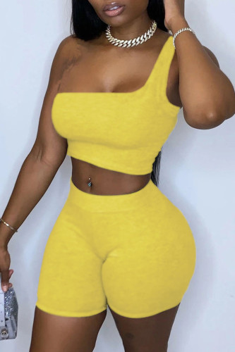 Yellow Sportswear Solid Patchwork One Shoulder Sleeveless Two Pieces