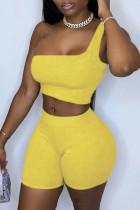 Gelbe, einfarbige, zweiteilige, ärmellose Sportbekleidung mit Patchwork-Ausschnitt und einer Schulter