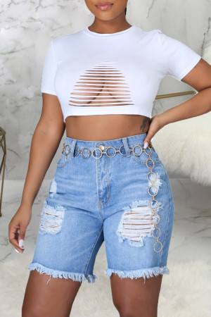 Dark Blue Fashion Casual Solid Without Belt High Waist Jeans Ripped Denim Shorts