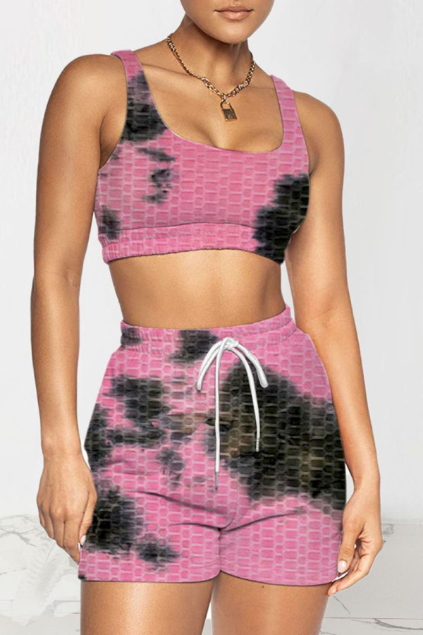 Черный/розовый Спортивная одежда Пэчворк Тай-дай с U-образным вырезом Без рукавов Из двух частей