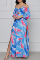 Blauwe mode sexy print uitgeholde spleet uit de schouder jurken met lange mouwen