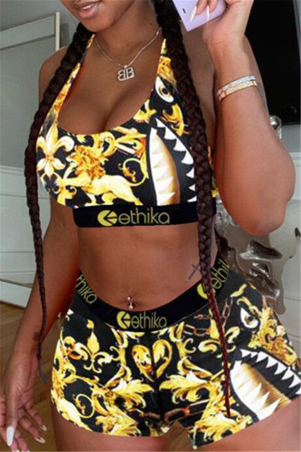 Black Gold Casual Sportswear Print Vests U Neck Sleeveless Two Pieces Bikini Suit Sleeveless Vest Tanks Shorts Set