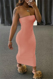 ピンクのファッションセクシーなソリッドバックレスストラップレスノースリーブドレス
