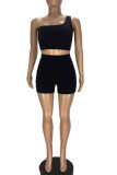 Black Sportswear Solid Patchwork One Shoulder Sleeveless Two Pieces