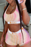 Orange Pink Casual Sportswear Print Vests U Neck Sleeveless Two Pieces