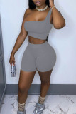 Grey Sportswear Solid Patchwork One Shoulder Sleeveless Two Pieces