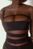 Zwarte sexy effen uitgeholde patchwork off-shoulder mid-taille tops