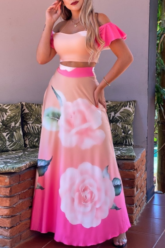 Pink Sexy Print Flounce Off the Shoulder Short Sleeve Two Pieces