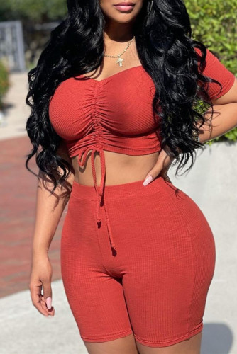 Red Fashion Casual Solid Bandage Off the Shoulder Short Sleeve Two Pieces Crop Tops And Shorts Set