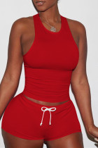 Красный Повседневная спортивная одежда Однотонный Базовый с круглым вырезом Без рукавов Из двух частей