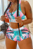 Multicolor Casual Sportswear Print Vests U Neck Sleeveless Two Pieces Bikini Suit Sleeveless Vest Tanks Shorts Set