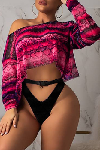 Red Sexy Print Patchwork O Neck T-Shirts(without underwear)