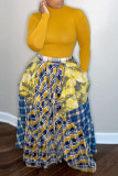 Gele mode casual geruite print patchwork normale rok met hoge taille