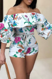 White Fashion Sexy Print Patchwork stringy selvedge Half Sleeve one word collar Jumpsuits