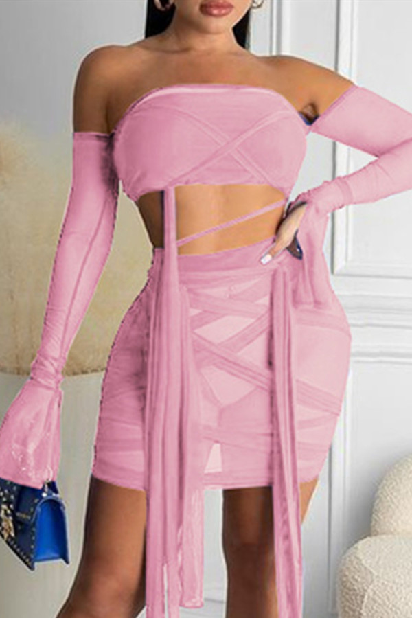 Due pezzi rosa moda sexy patchwork solido trasparente senza schienale con spalle scoperte manica lunga