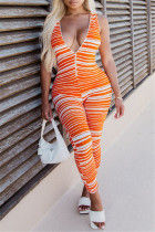 Tangerine Red Fashion Casual Striped Print Basic V-Ausschnitt Skinny Jumpsuits