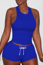 Ярко-синий Повседневная спортивная одежда Однотонный Базовый с круглым вырезом Без рукавов Из двух частей