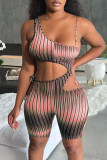 Pink Fashion Sexy Print Hollowed Out Backless Spaghetti Strap Skinny Romper