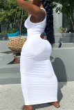 Vestido branco fashion sexy sólido vazado com decote em U