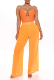Orange Sexy Solid See-through Loose Mid Waist Wide Leg Solid Color Bottoms