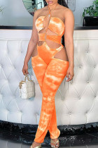 Macacão skinny com estampa sexy moda laranja vazado sem costas