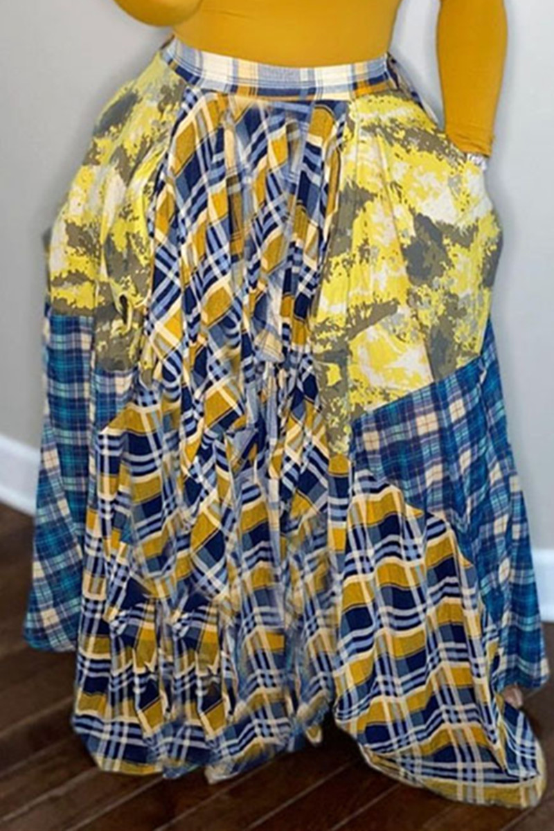 

Yellow Fashion Casual Plaid Print Split Joint Regular High Waist Skirt