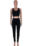 Black Casual Sportswear Solid Vests Pants Sleeveless Two Pieces