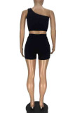 Black Sportswear Solid Patchwork One Shoulder Sleeveless Two Pieces