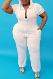 Witte Mode Casual Solid Basic Rits Kraag Plus Size Jumpsuits