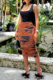 Brown Fashion Casual Print Fold Regular High Waist Skirt