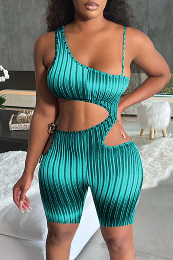 Turquoise Mode Sexy Print Uitgeholde Backless Spaghetti Band Skinny Romper