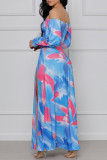 Blauwe mode sexy print uitgeholde spleet uit de schouder jurken met lange mouwen