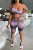 Purple Fashion Sexy Print Hollowed Out Backless Spaghetti Strap Skinny Romper