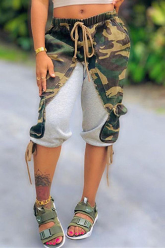 Army Green Fashion Casual Camouflage Print Patchwork Regular Mid Waist Pants