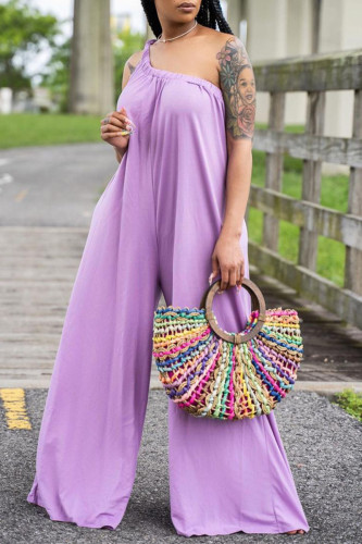 Purple Fashion Casual Solid Backless One Shoulder Regular Jumpsuits