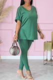 Green Fashion Casual Solid Basic V Neck Short Sleeve Two Pieces