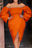 Tangerine Röd Sexig Solid Patchwork Off the Shoulder Oregelbundna klänningar
