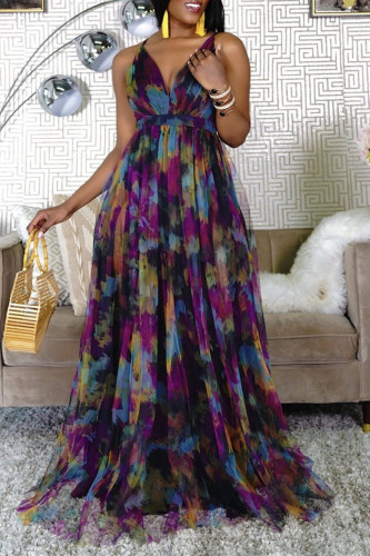 Lila Fashion Sexy Print Tie Dye Backless Sling Dress mit V-Ausschnitt