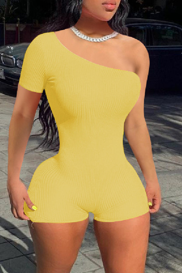 Pagliaccetto skinny con colletto obliquo senza schienale solido casual giallo sexy