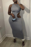 Grey Sexy Casual Solid Hollowed Out O Neck Sleeveless Dress