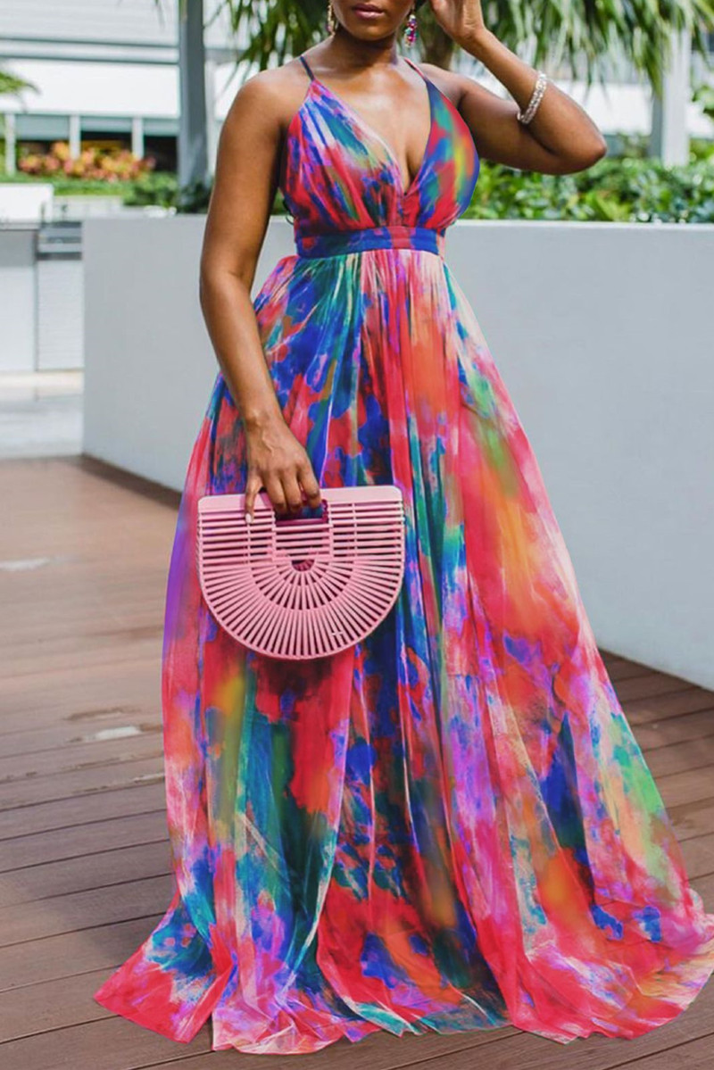 

Red Fashion Sexy Print Tie Dye Backless V Neck Sling Dress