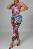 Multicolor Fashion Sexy Print Backless Schlitz Spaghettiträger Ärmelloses Kleid