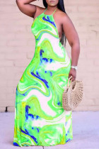 ライトグリーンファッションセクシープリントバックレスホルターノースリーブドレス