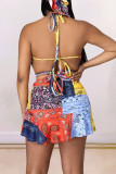 Multicolore Fashion Sexy Print Backless Strap Design Halter sans manches deux pièces