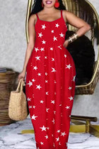 Rode sexy casual plus size print backless spaghetti band mouwloze jurk