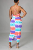 Multicolor Fashion Sexy Print Backless Slit Spaghetti Strap Sleeveless Dress