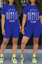 Blue Fashion Casual Letter Print Basic O Neck Short Sleeve Two Pieces