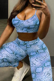 Blauwe Casual Sportkleding Print Backless Spaghetti Band Mouwloos Two Pieces
