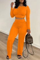 オレンジファッションカジュアルソリッドフォールドOネック長袖ツーピース